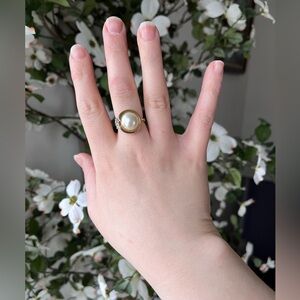 Vintage 14k Gold Plated Faux Pearl Cocktail Ring, Size 8.75